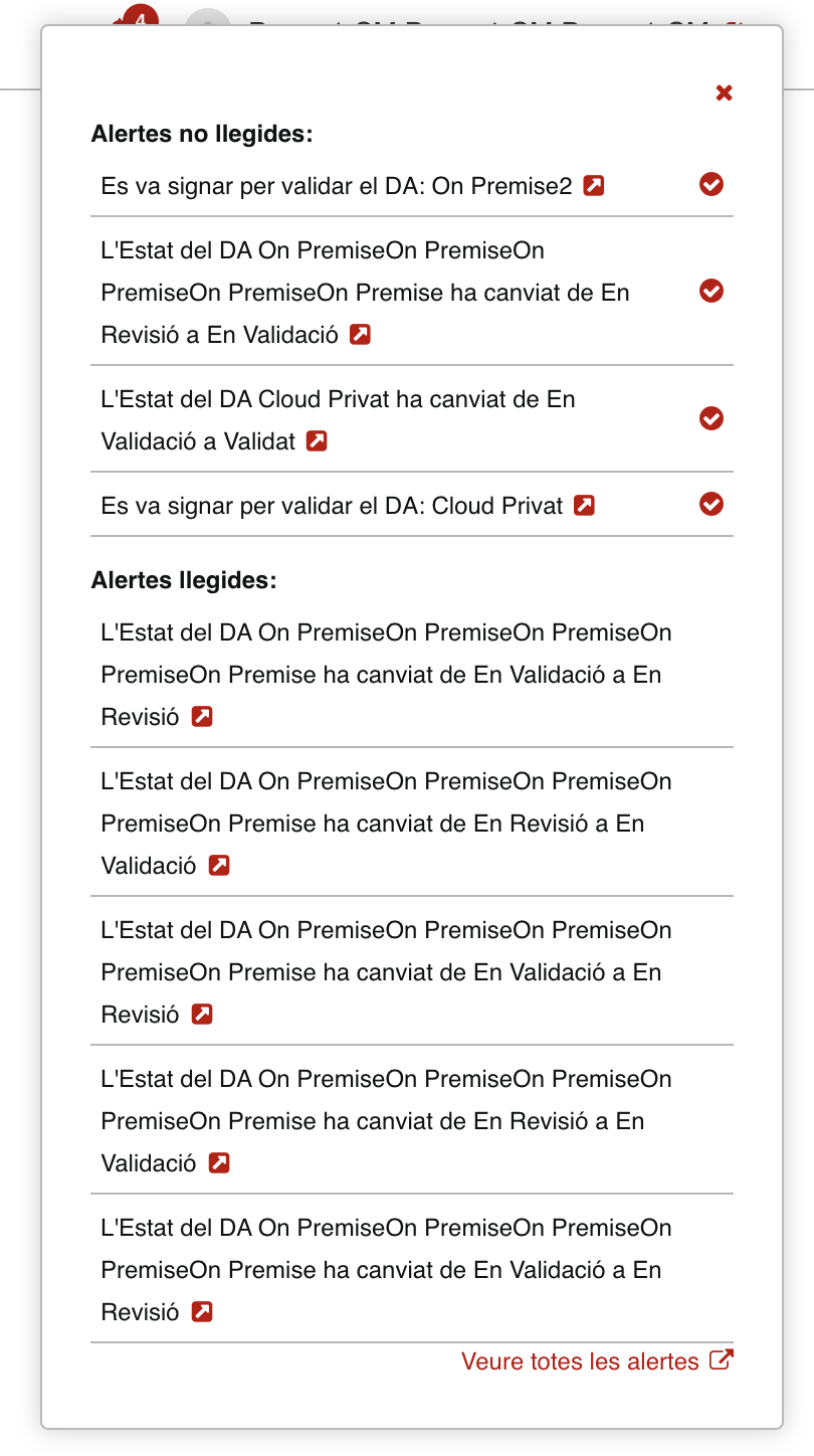Menú desplegable d'alertes no llegides i llegides
