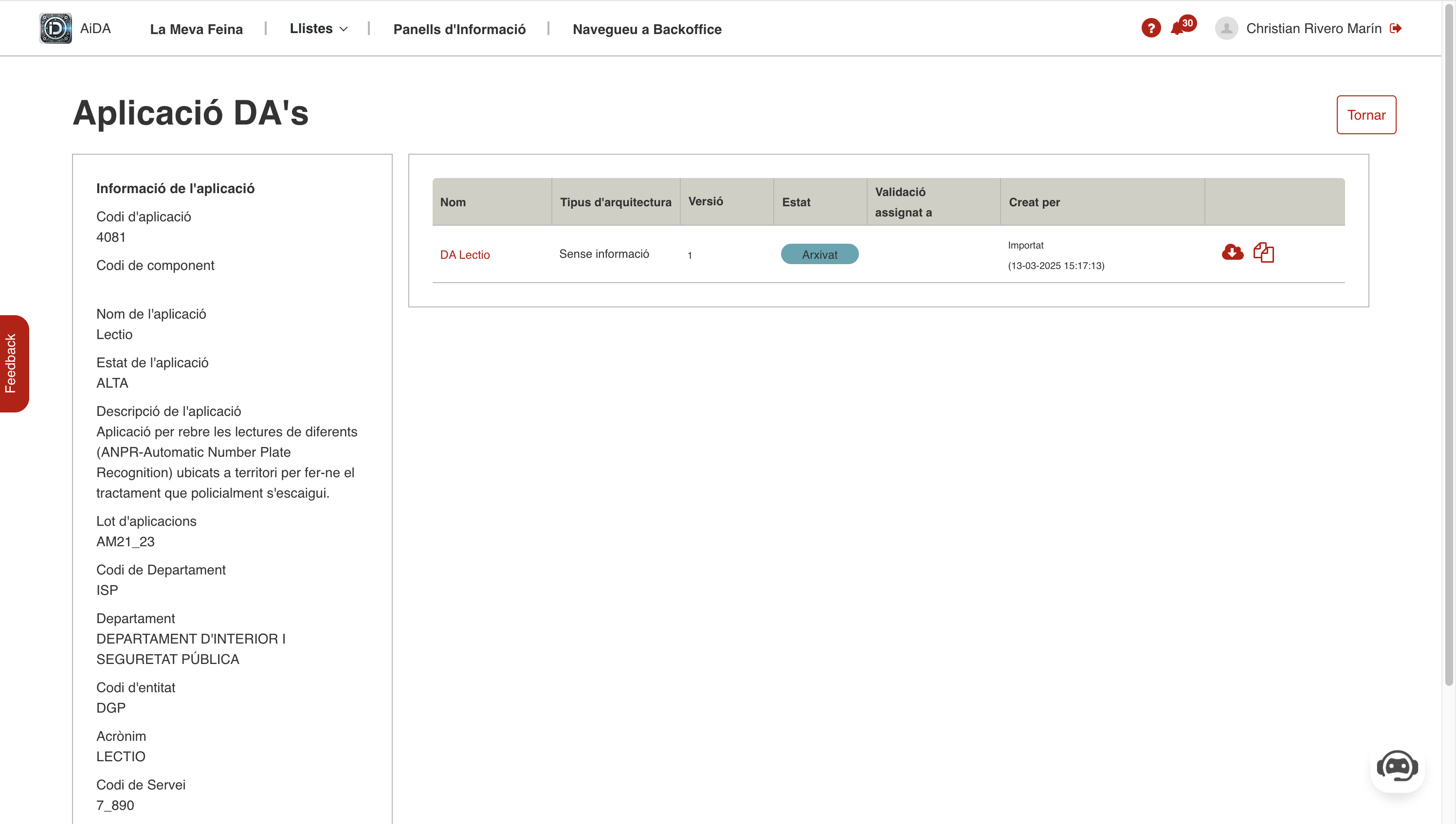 Llista de DAs mostrant un DA arxivat amb botons per generar i descarregar