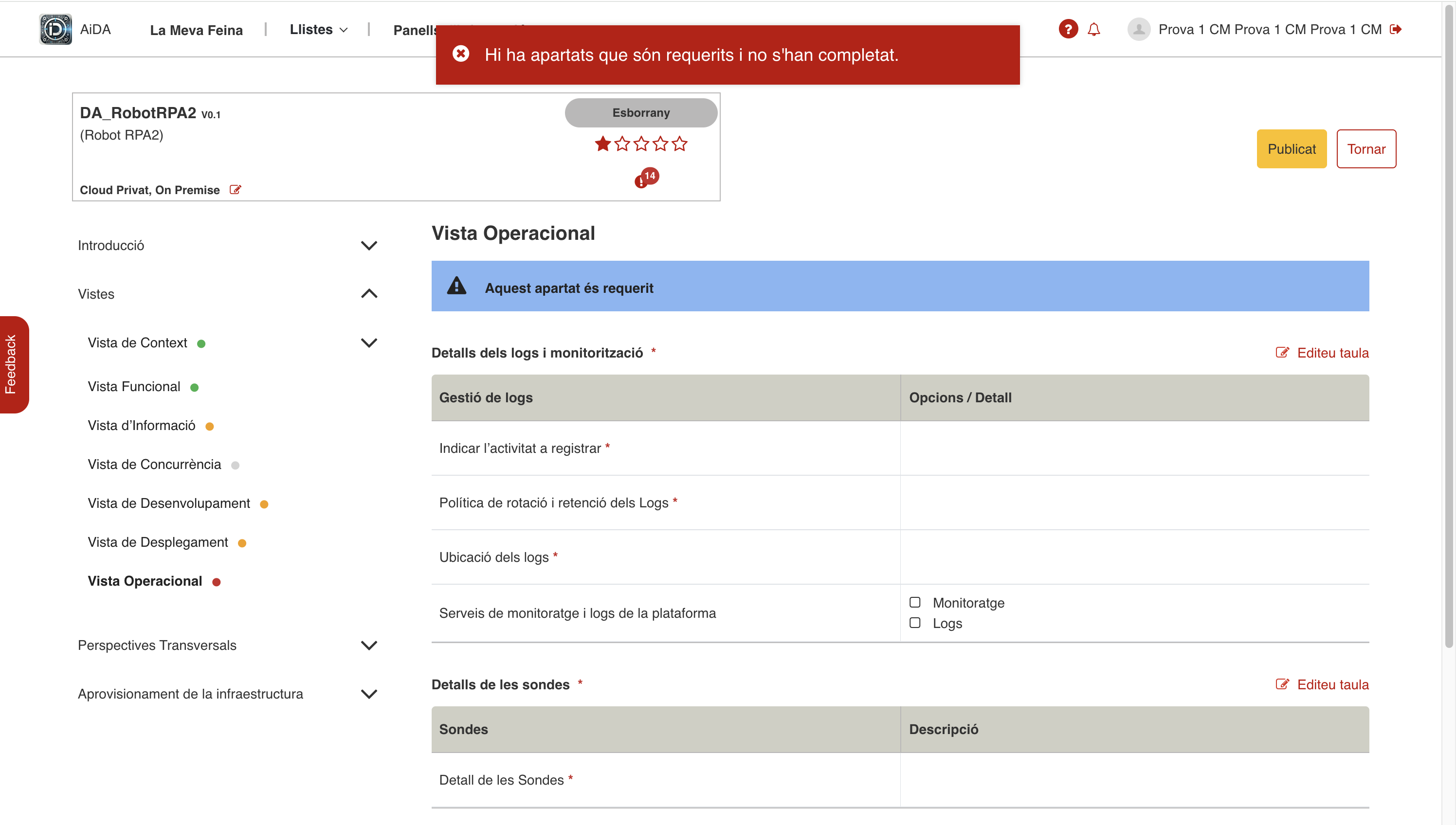 Missatge d&rsquo;error indicant que hi ha apartats requerits sense completar