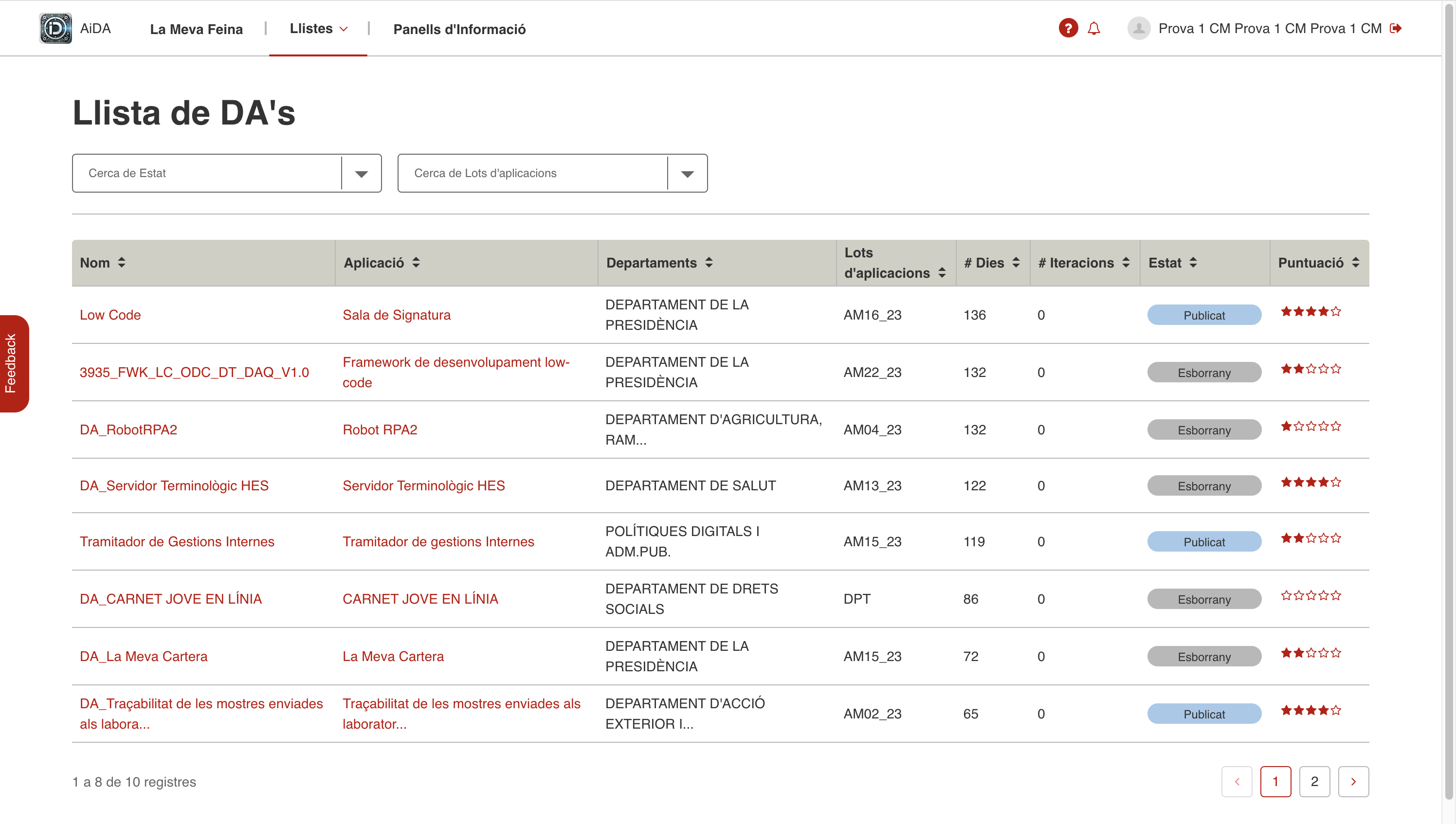 Pantalla &ldquo;Llista de DA&rsquo;s&rdquo;