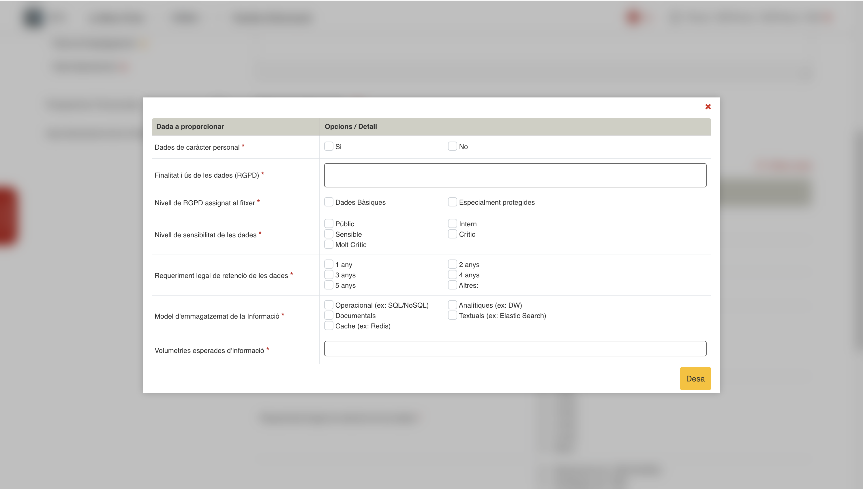 Pop-up d&rsquo;edició d&rsquo;una taula amb diverses opcions