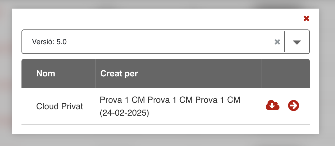 Pop-up per descarregar una versió específica d'un DA en PDF