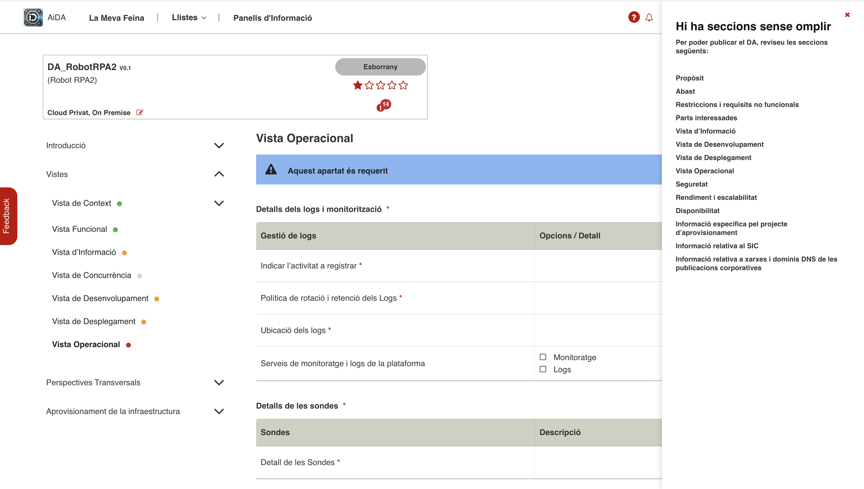 Menú lateral mostrant les seccions que falten per omplir
