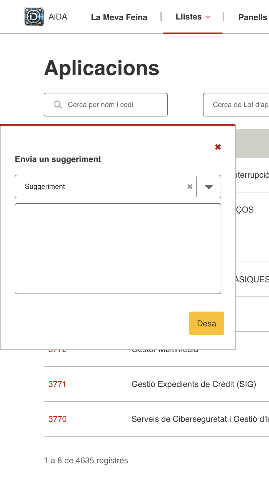 Pop-up per enviar un suggeriment