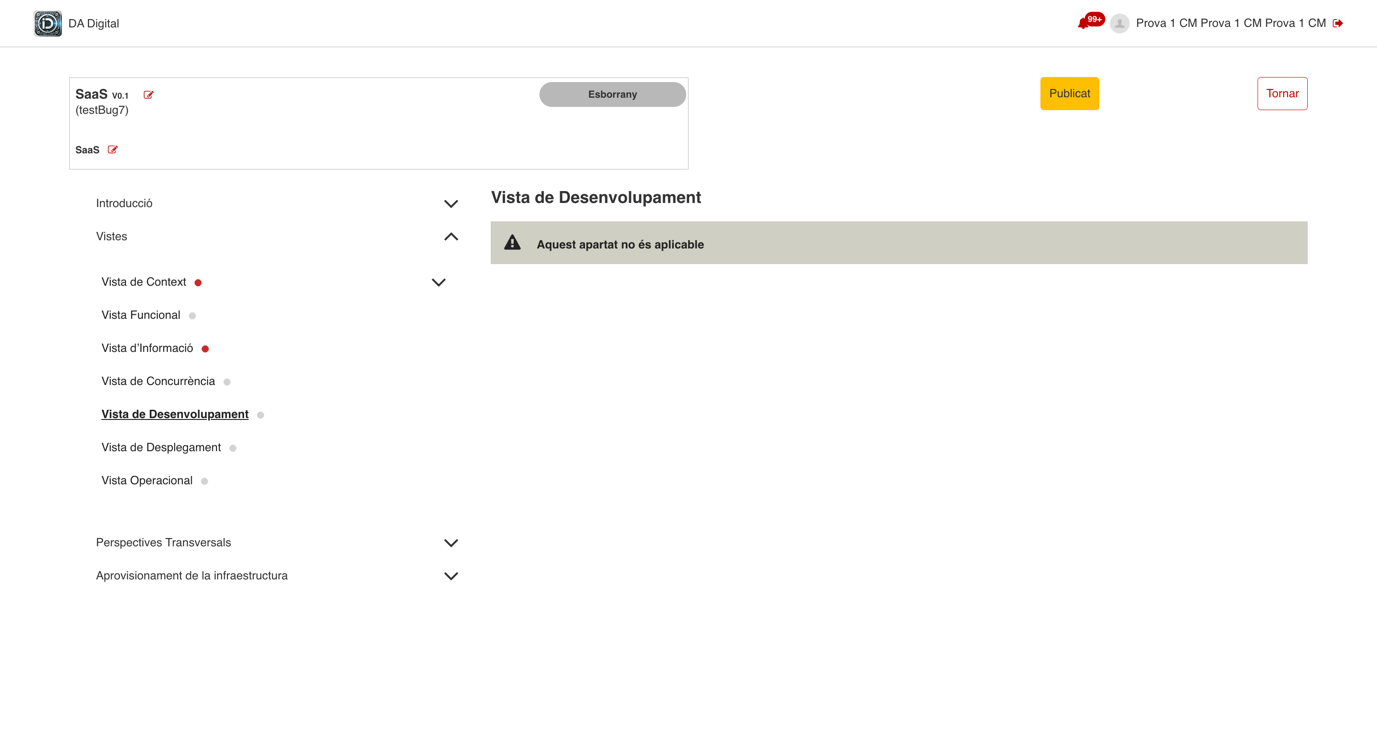 Vista de Desenvolupament marcada com &ldquo;Aquest apartat no és aplicable&rdquo;