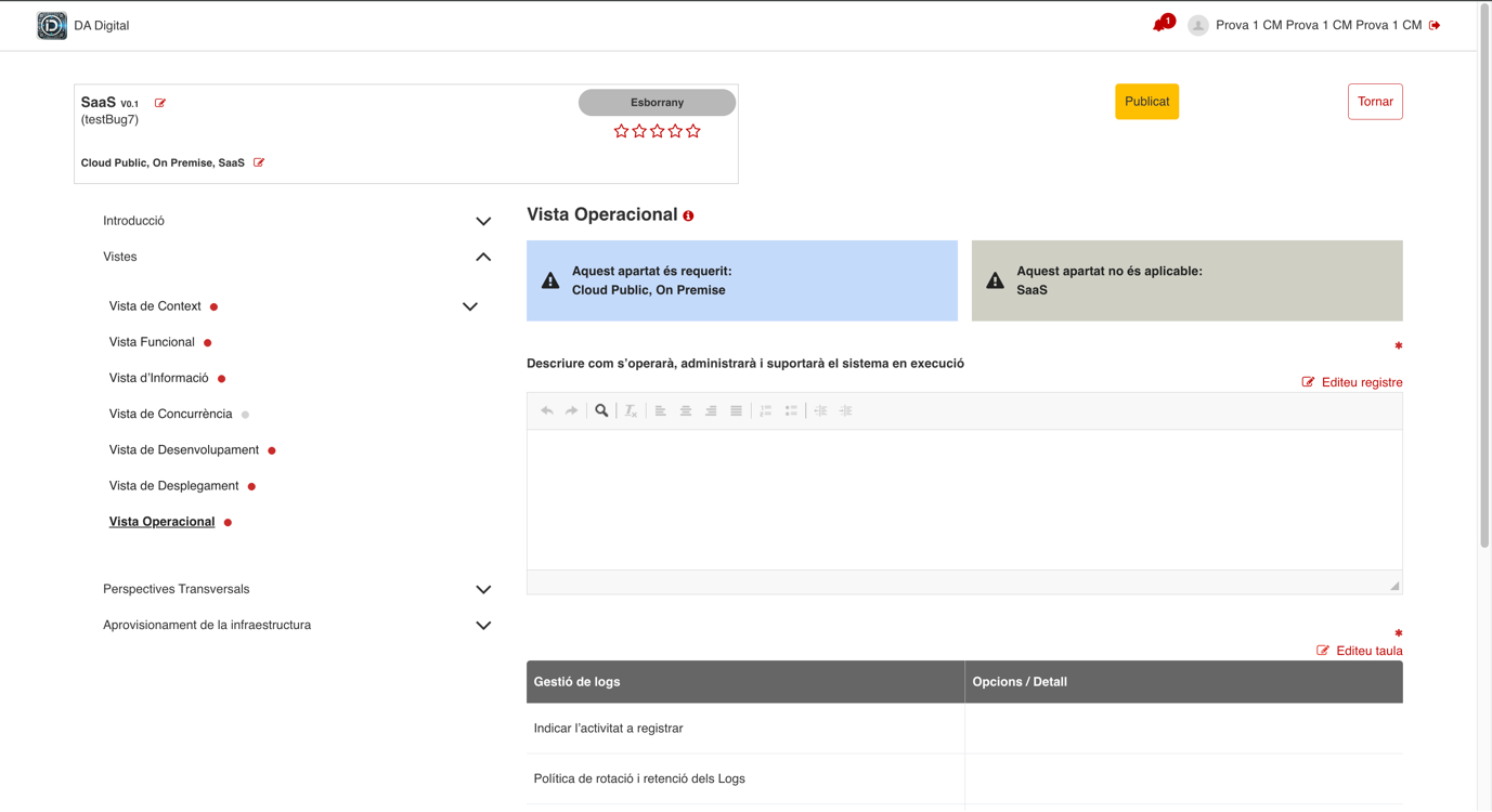 Vista Operacional mostrant un apartat requerit i un altre no aplicable per diferents arquitectures seleccionades